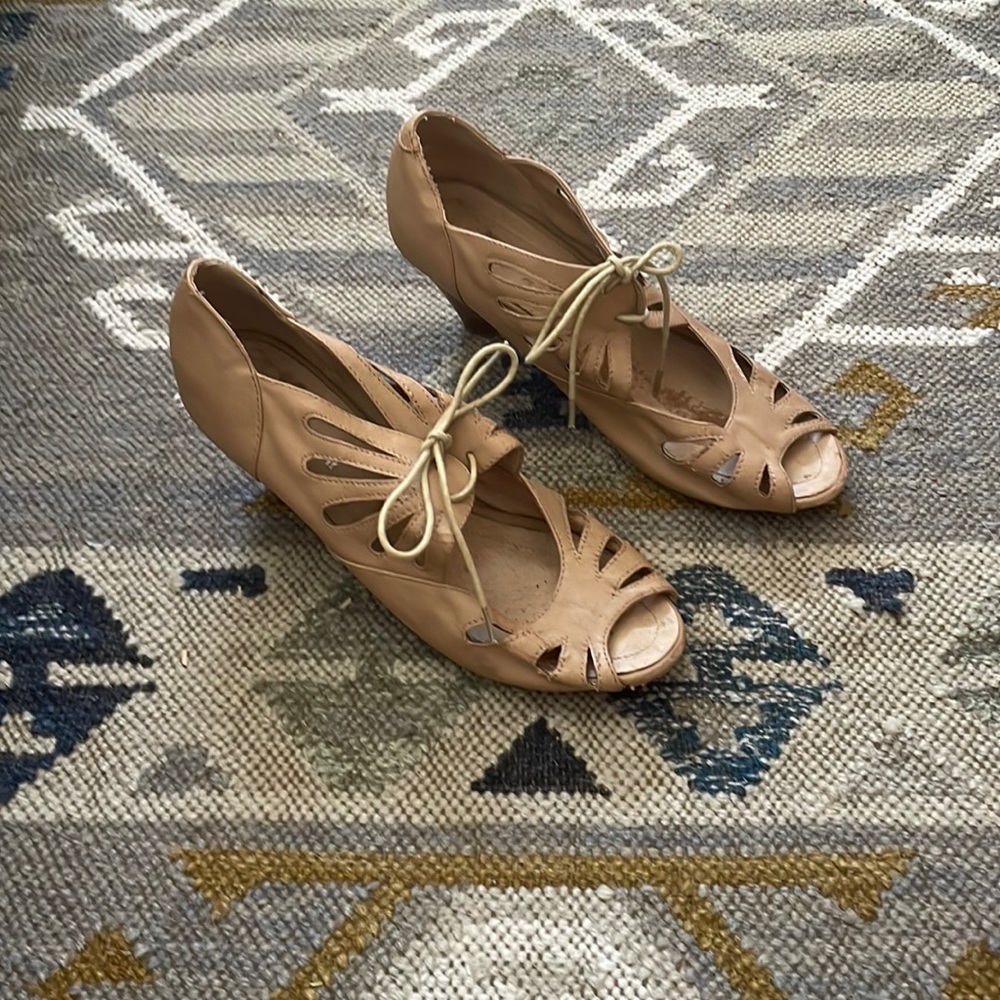 Chelsea Crew Nude Leather Heels Laced and Laser Cut